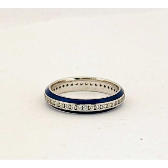 Estate Sterling Silver 925 Ring Size 8 Blue Enamel CZ Eternity Band Women’s Jewe - Picture 1 of 9